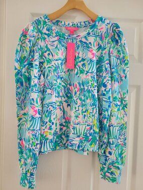 Lilly Pulitzer Blue Ibiza Cabana Cocktail Sweatshirt New Large Preppy Vacation